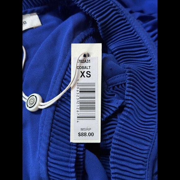 New Max Studio Blouse XS Blue Cobalt Ruched Front Sleeveless Ruffled Mock Neck - Picture 6 of 8